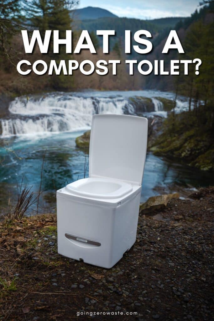 A composting toilet in the woods with overlay text reading "what is a compost toilet?"